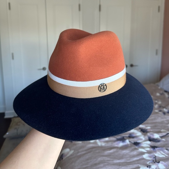 Maison Michel Accessories - Maison Michel Paris Logo Wool Fedora Hat Size L Navy Blue Cream Terracotta New